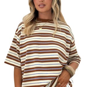 Women's Brown Striped Oversized Tee – Casual Short Sleeve Round Neck Summer Top - Main View