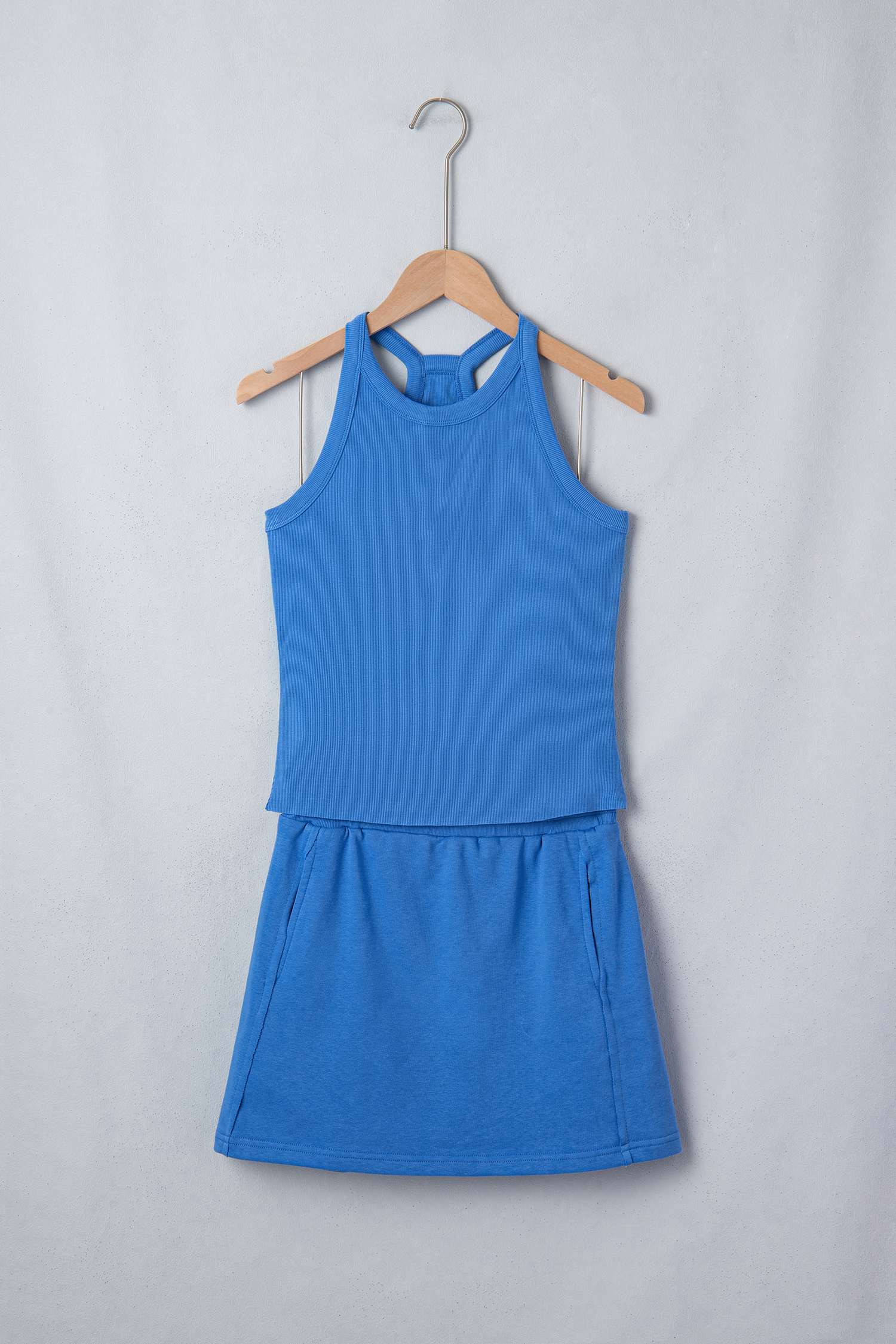 Summer Two-Piece Skort Set for Women – Sky Blue Sleeveless Tank and High Waist Mini Skort Outfit - Detail View 3 Summer Two-Piece Skort Set for Women – Sky Blue Sleeveless Tank and High Waist Mini Skort Outfit - Detail View 3