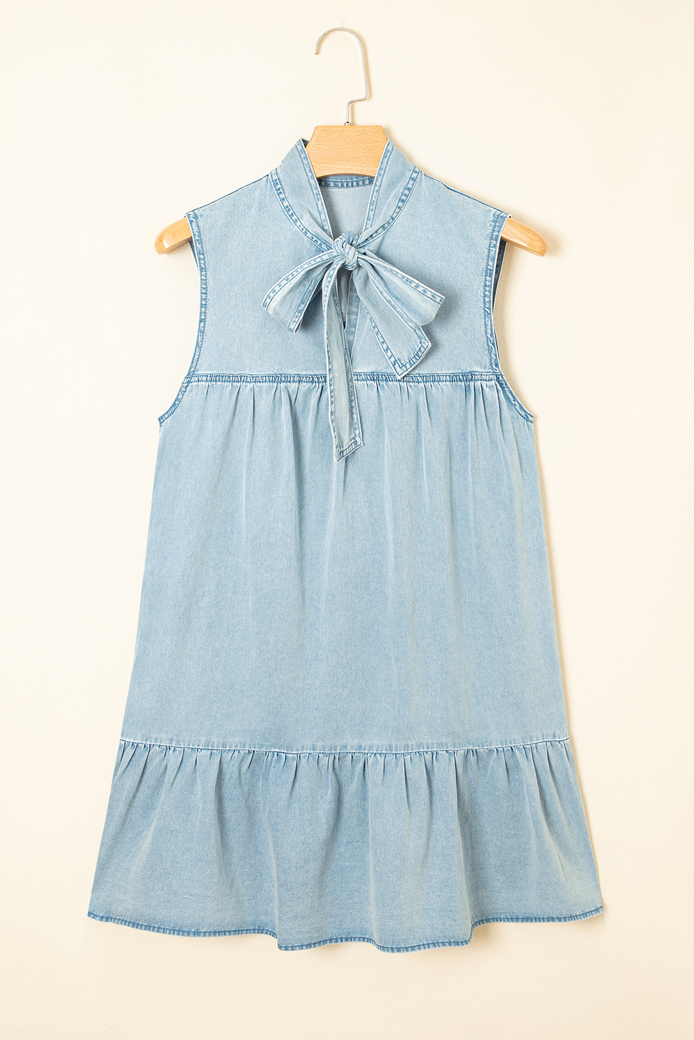 Bowknot Denim Dress, Women Ruffled Hem High Neck Shift - Detail View 5 Bowknot Denim Dress, Women Ruffled Hem High Neck Shift - Detail View 5