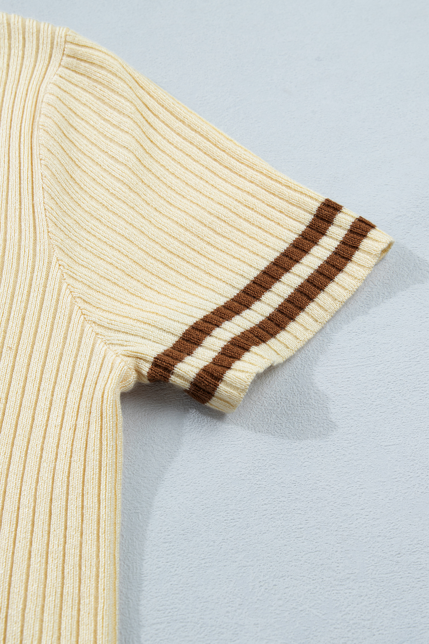 Women's V-Neck Ribbed Knit Sweater – Short Sleeve Apricot Top with Button Details for Daily Casual Wear - Detail View 7 Women's V-Neck Ribbed Knit Sweater – Short Sleeve Apricot Top with Button Details for Daily Casual Wear - Detail View 7
