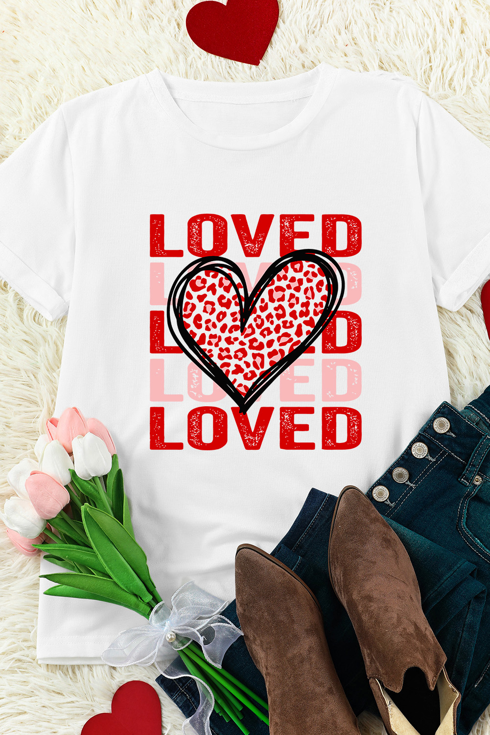 Women's Graphic Tee, White Leopard Print, Heart Design, Valentine's Day, Casual Style, Comfortable Fit, Short Sleeve, Crew Neck, Everyday Wear, Love Script, Trendy T-Shirt, Summer Fashion, Versatile Outfit - Detail View 8 Women's Graphic Tee, White Leopard Print, Heart Design, Valentine's Day, Casual Style, Comfortable Fit, Short Sleeve, Crew Neck, Everyday Wear, Love Script, Trendy T-Shirt, Summer Fashion, Versatile Outfit - Detail View 8