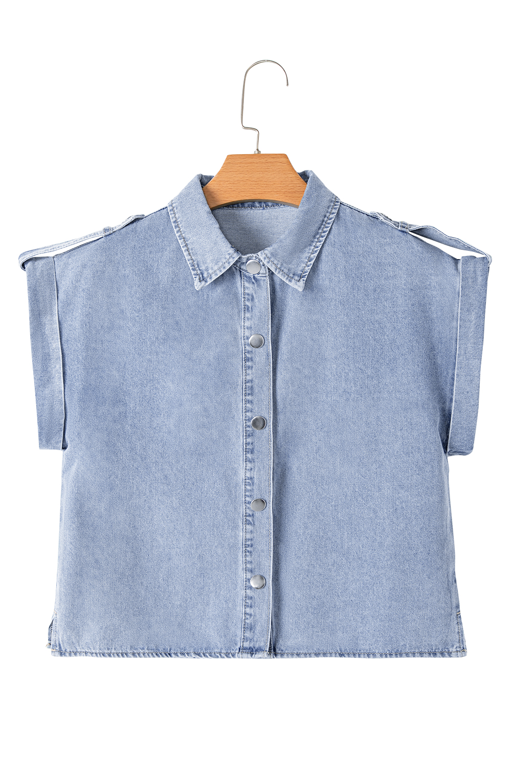 Women's Dusk Blue Denim Pinup Folded Cap Sleeve Shirt - Stylish Cropped Blouse - Detail View 25 Women's Dusk Blue Denim Pinup Folded Cap Sleeve Shirt - Stylish Cropped Blouse - Detail View 25