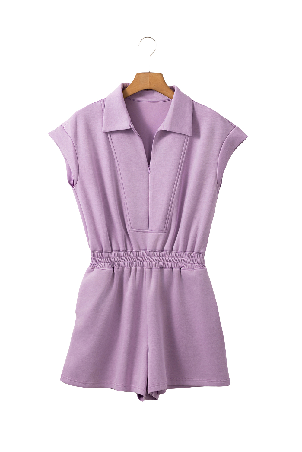 Women's Romper, Orchid Bouquet, Short Sleeve, Zipper Collar, Elastic High Waist, Casual Style, Summer Outfit, Comfortable Fit, Flattering Design, Versatile Jumpsuit, Pocket Detail, Solid Color, Daily Wear, Fashionable - Detail View 12 Women's Romper, Orchid Bouquet, Short Sleeve, Zipper Collar, Elastic High Waist, Casual Style, Summer Outfit, Comfortable Fit, Flattering Design, Versatile Jumpsuit, Pocket Detail, Solid Color, Daily Wear, Fashionable - Detail View 12