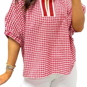 Women's Red Plaid Short Sleeve Blouse – Casual Split Neck Colorblock Trim Top for Daily Wear - Main View