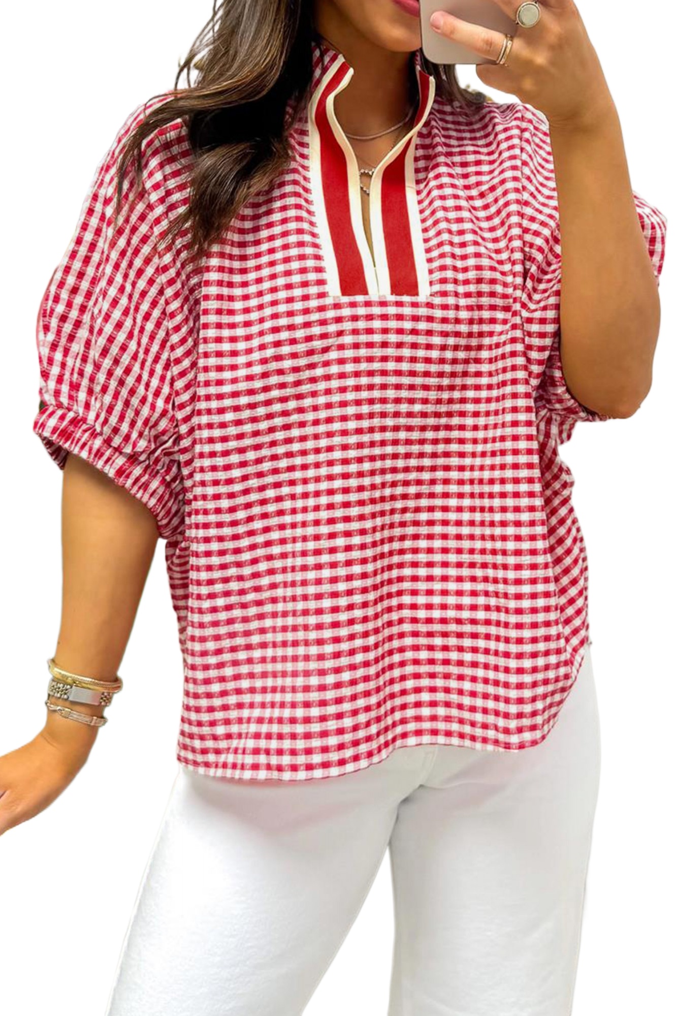 Women's Red Plaid Short Sleeve Blouse – Casual Split Neck Colorblock Trim Top for Daily Wear - Main View Women's Red Plaid Short Sleeve Blouse – Casual Split Neck Colorblock Trim Top for Daily Wear - Main View