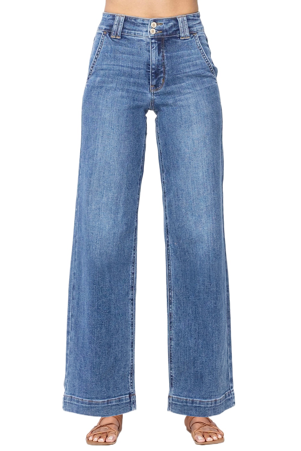 Sky Blue Double Button Zip Fly Straight Leg Jeans for Women – Casual Everyday Style - Main View Sky Blue Double Button Zip Fly Straight Leg Jeans for Women – Casual Everyday Style - Main View