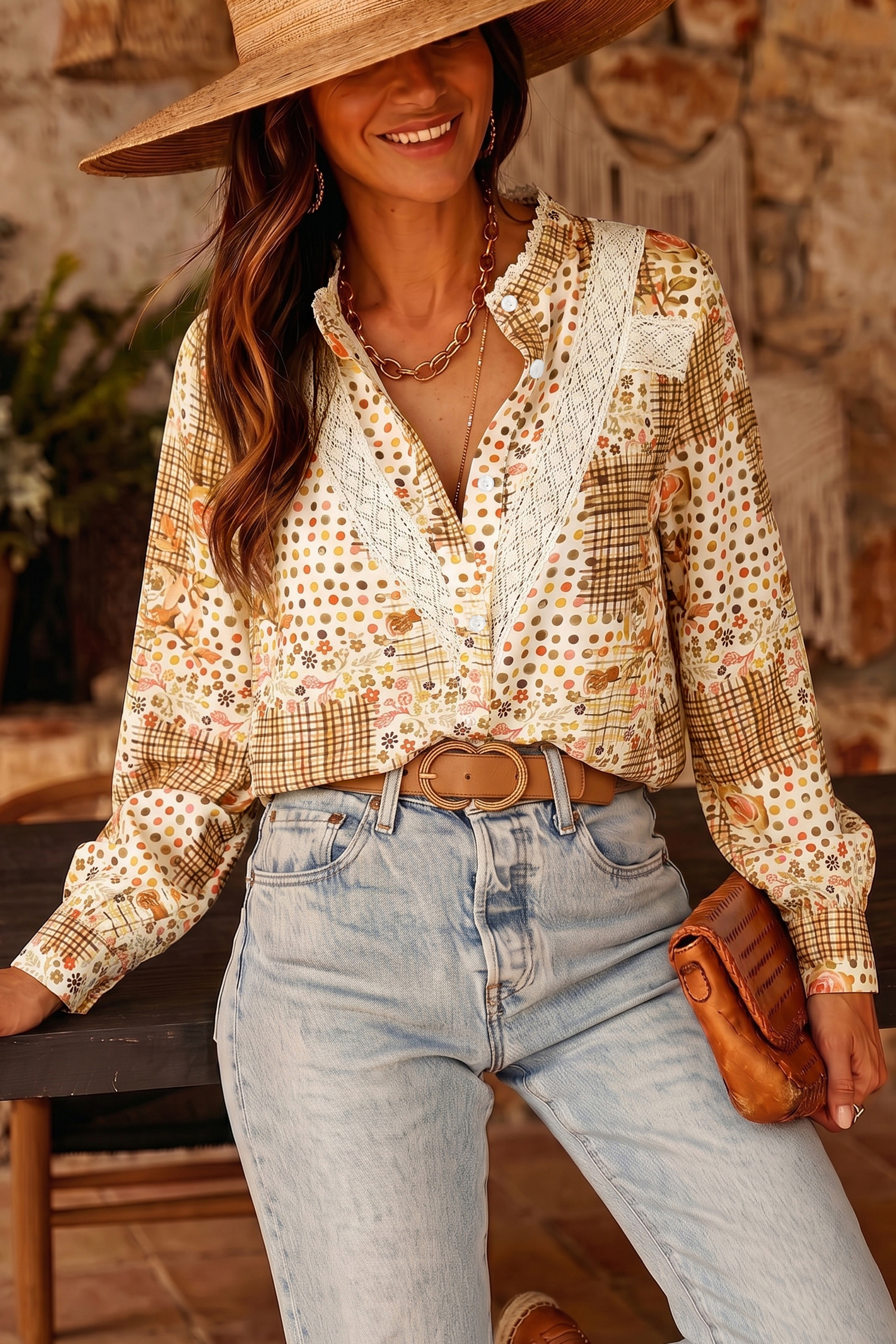 Vintage Style Floral Blouse, Casual Brown Lace Trim Shirt - Detail View 5 Vintage Style Floral Blouse, Casual Brown Lace Trim Shirt - Detail View 5
