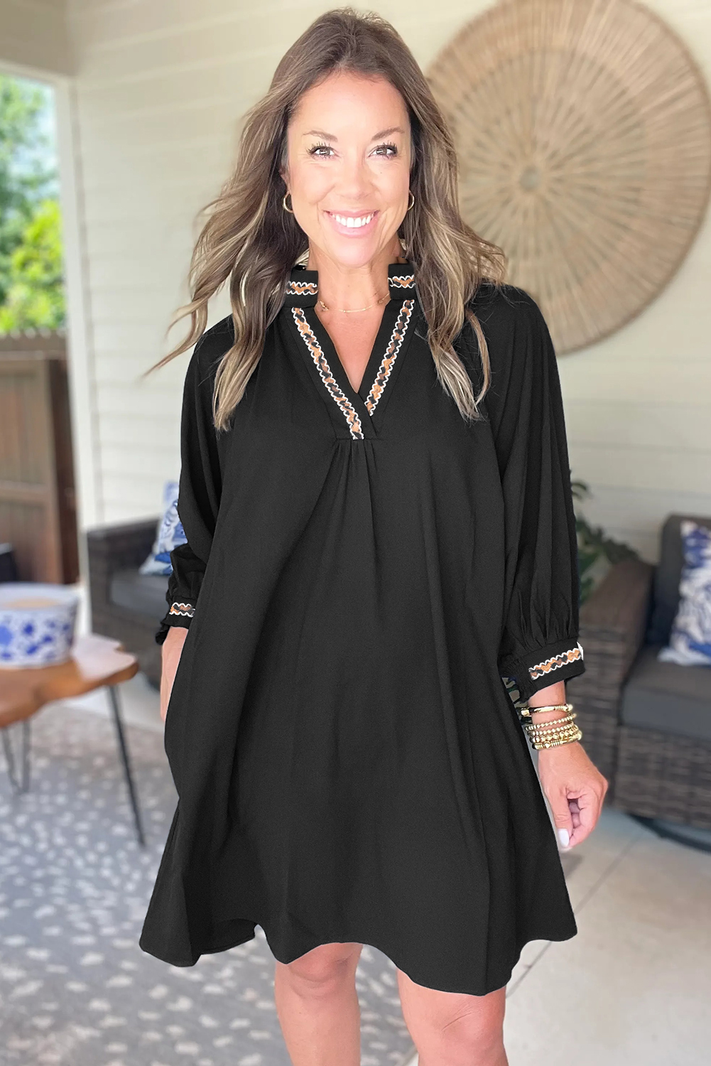 Casual Women's Black Patchwork Mini Shift Dress with High Waist for Spring Outings - Detail View 12 Casual Women's Black Patchwork Mini Shift Dress with High Waist for Spring Outings - Detail View 12