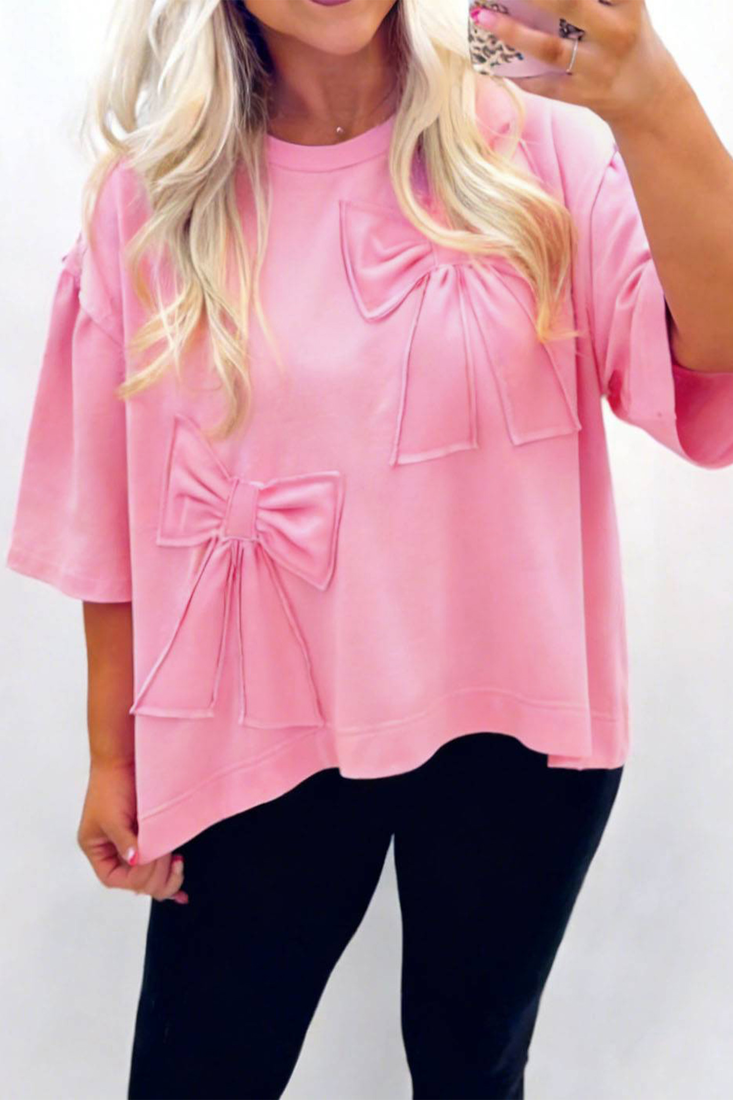 Southern Belle Style Pink Raw Edge Tee – Relaxed Fit Bow Decoration Shirt - Detail View 2 Southern Belle Style Pink Raw Edge Tee – Relaxed Fit Bow Decoration Shirt - Detail View 2