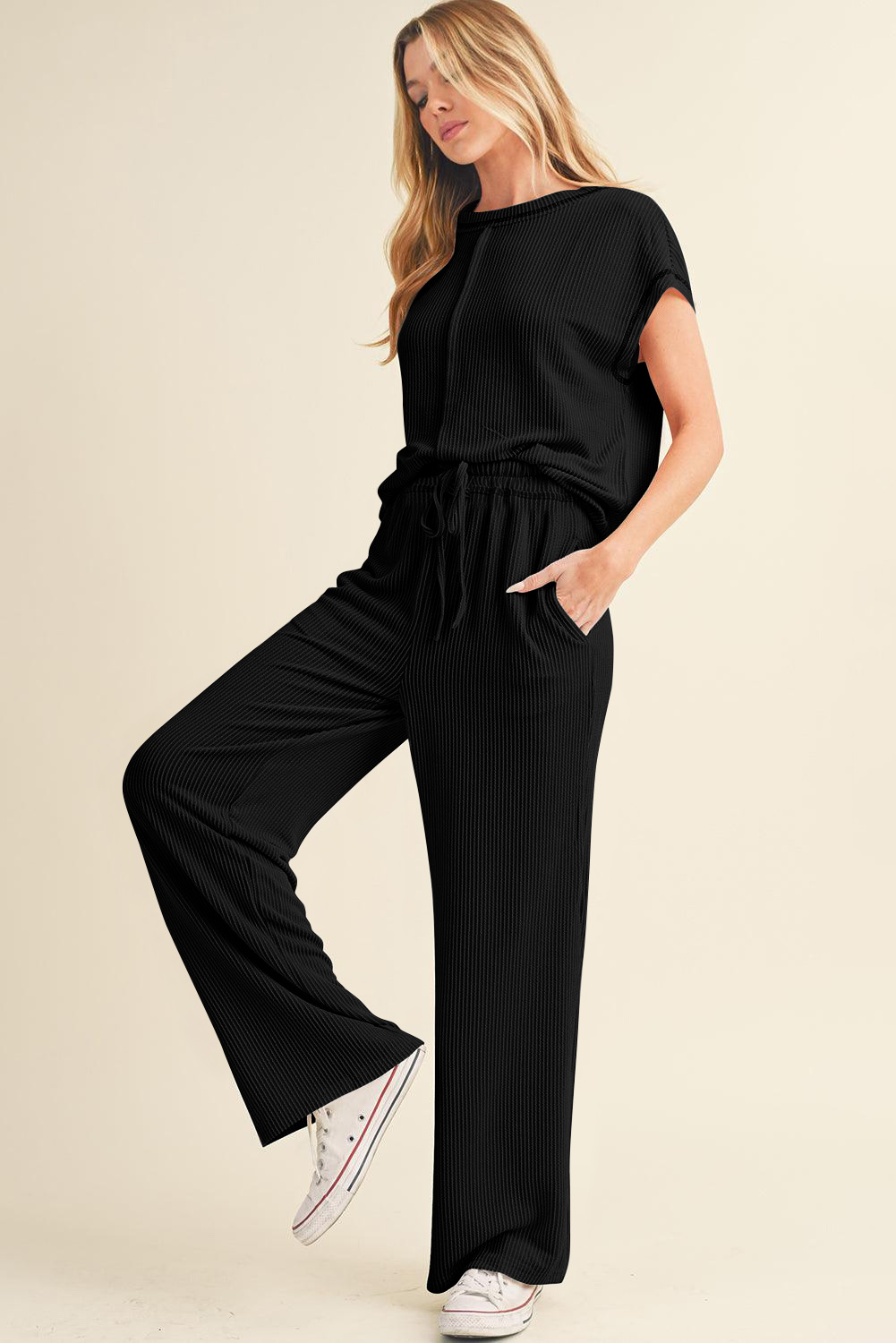 Versatile Women's Casual Outfit - Black Solid Color Top and Pants Set for Everyday Wear - Detail View 3 Versatile Women's Casual Outfit - Black Solid Color Top and Pants Set for Everyday Wear - Detail View 3