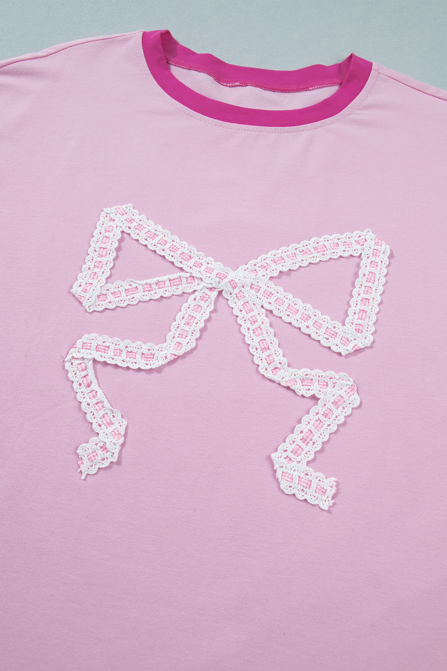 Chic Women's Gossamer Pink Color Block Top – Stylish Embroidered Bow Tee, Daily Wear or Gift Idea - Detail View 6 Chic Women's Gossamer Pink Color Block Top – Stylish Embroidered Bow Tee, Daily Wear or Gift Idea - Detail View 6