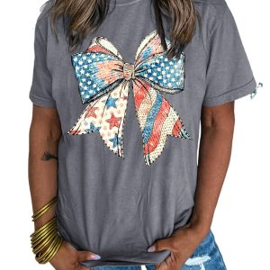 Women's Gray US Flag Bow Print Round Neck Loose T-Shirt - Casual Graphic Tee - Main View