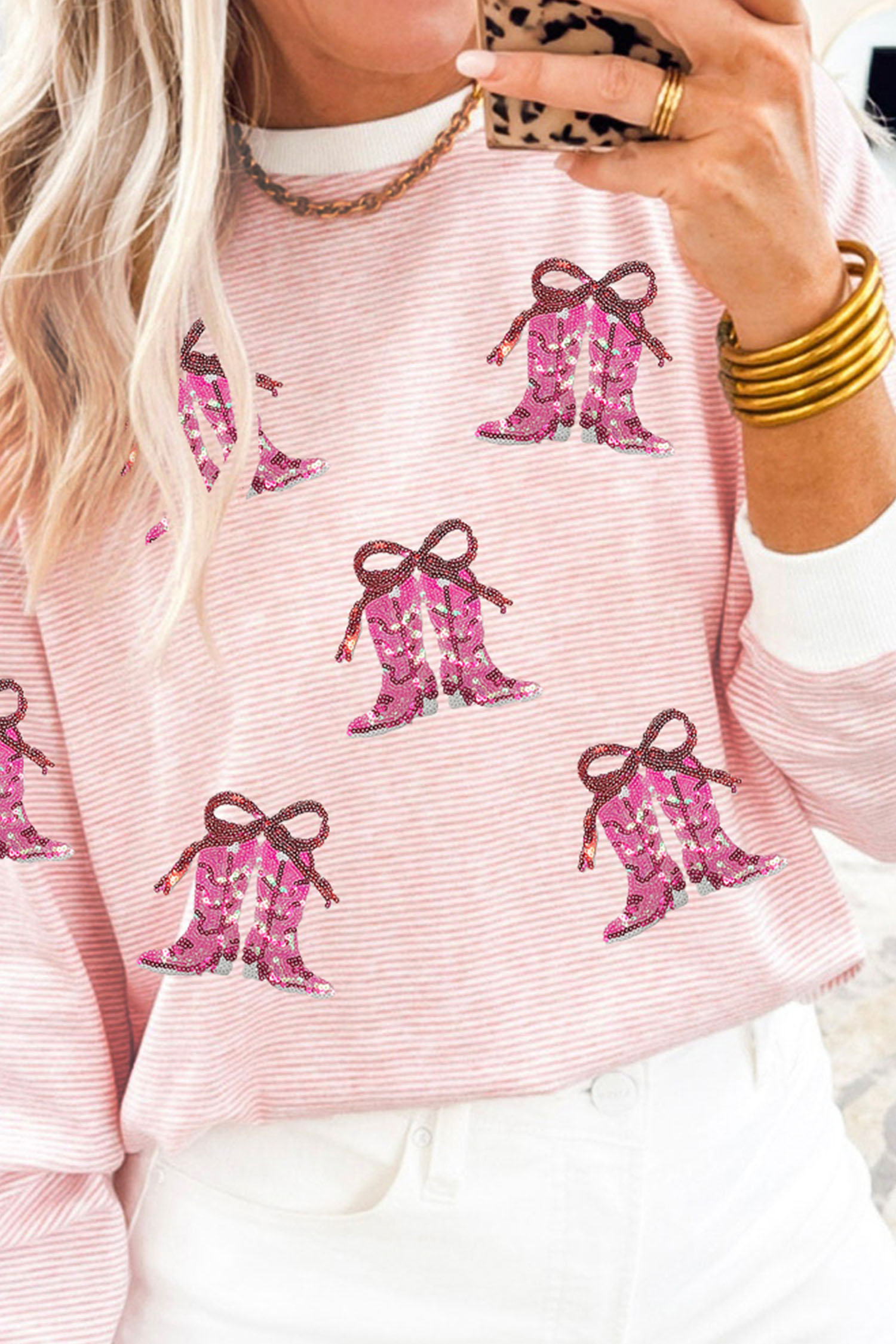 Southern Belle Pink Western Print Long Sleeve Tee for Women – Daily Comfort Style - Detail View 2 Southern Belle Pink Western Print Long Sleeve Tee for Women – Daily Comfort Style - Detail View 2