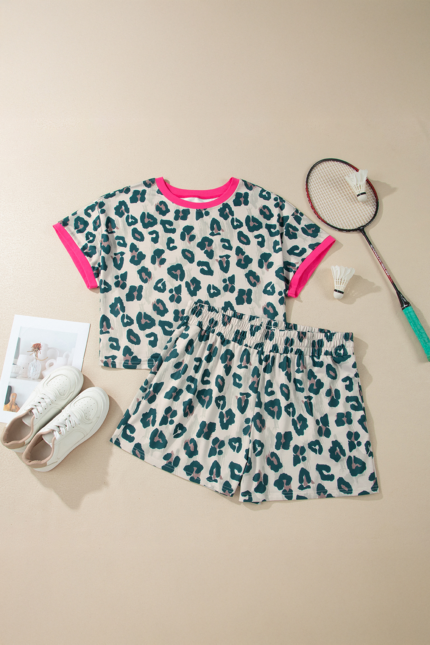Plus Size Leopard Two-Piece Summer Set – Relaxed Contrast Trim Round Neck Top and High Waist Shorts for Women - Detail View 2 Plus Size Leopard Two-Piece Summer Set – Relaxed Contrast Trim Round Neck Top and High Waist Shorts for Women - Detail View 2
