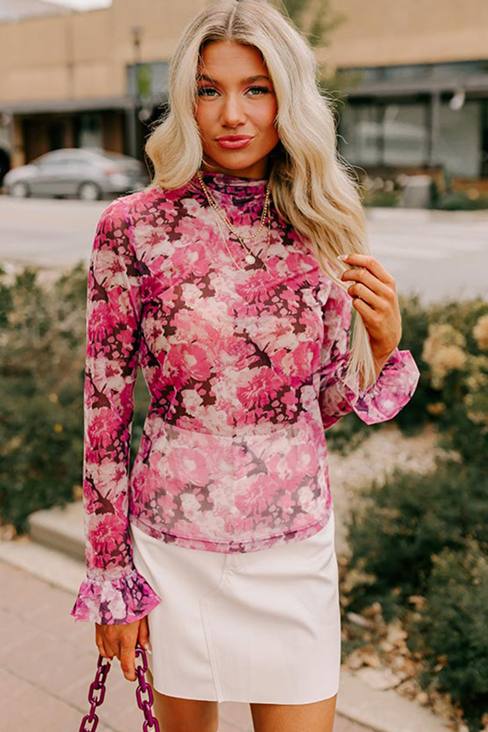 Stylish Long Sleeve Rose Floral Blouse - Perfect for Spring Casual Outings - Detail View 3 Stylish Long Sleeve Rose Floral Blouse - Perfect for Spring Casual Outings - Detail View 3
