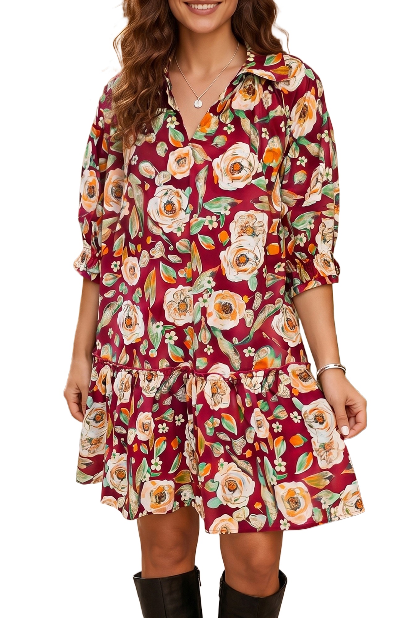 Women's Floral Print Dress, Casual Short Half Sleeve Shift - Main View Women's Floral Print Dress, Casual Short Half Sleeve Shift - Main View