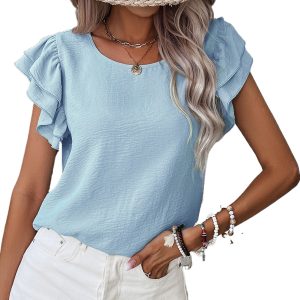Women's Mist Blue Solid Color Ruffled Short Sleeve Casual Blouse - Elegant Round Neck Top - Main View