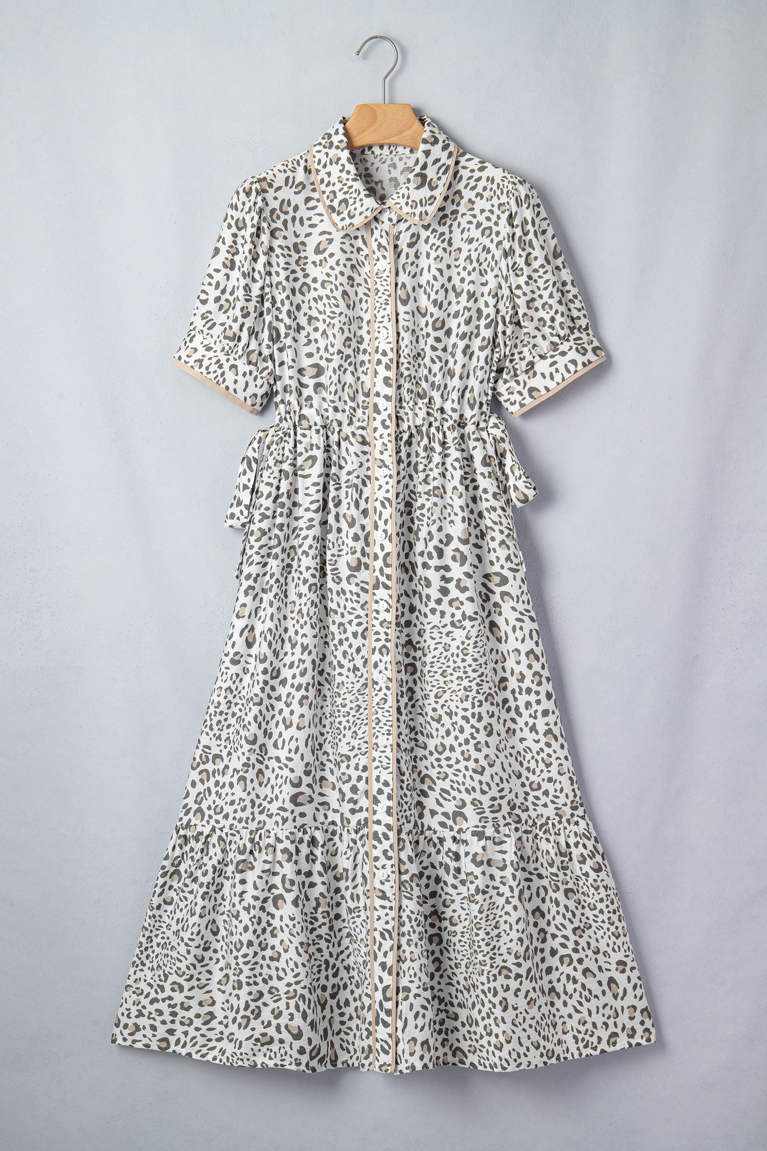 Women's Leopard Print Midi Dress – Button Front Short Sleeve A-Line Shift Dress for Summer Vacation - Detail View 7 Women's Leopard Print Midi Dress – Button Front Short Sleeve A-Line Shift Dress for Summer Vacation - Detail View 7