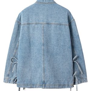 Beau Blue Boyfriend Style Denim Jacket with Multi Patched Pockets and Side Tie - Main View