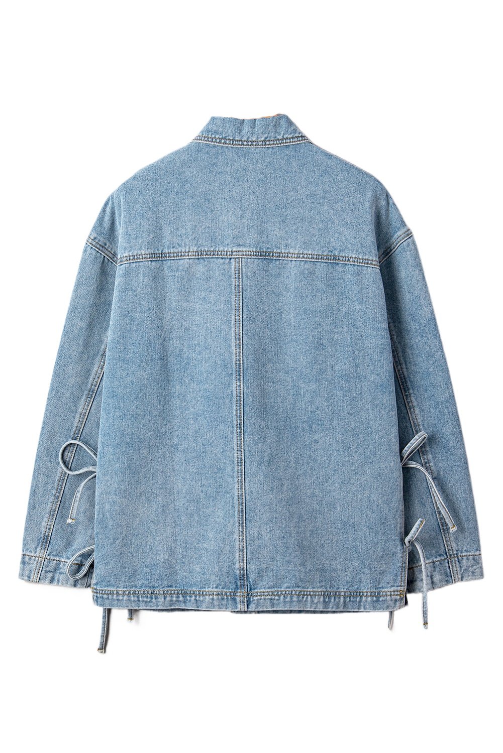 Beau Blue Boyfriend Style Denim Jacket with Multi Patched Pockets and Side Tie - Main View Beau Blue Boyfriend Style Denim Jacket with Multi Patched Pockets and Side Tie - Main View