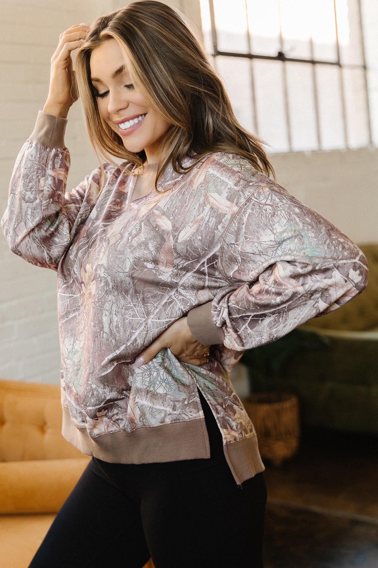 Stylish Women's Abstract Camo Pullover – Fall Long Sleeve Top - Detail View 3 Stylish Women's Abstract Camo Pullover – Fall Long Sleeve Top - Detail View 3