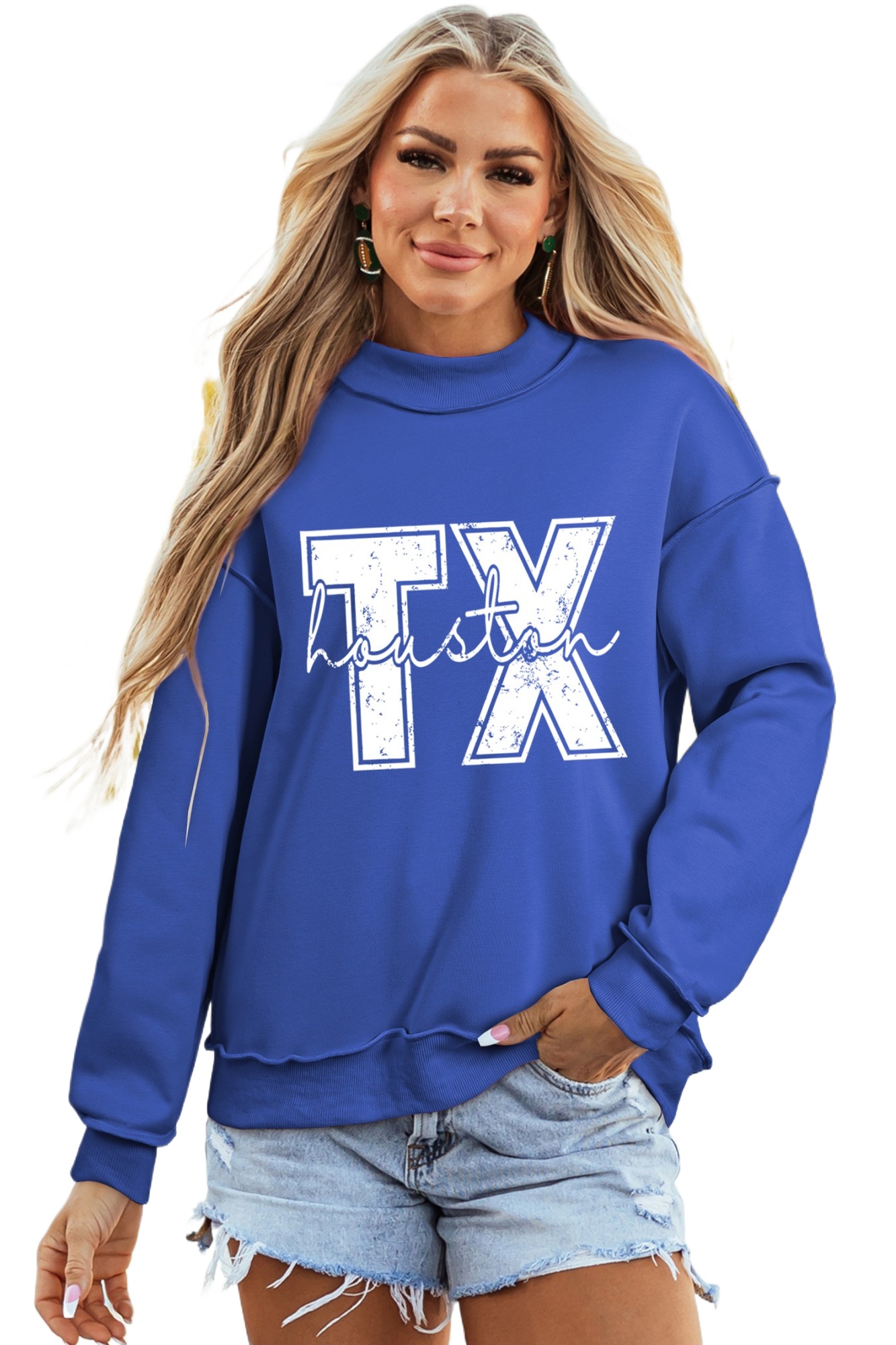 Women's Dark Blue Texas Graphic Mock Neck Reversible Sweatshirt – Fall Casual Style - Main View Women's Dark Blue Texas Graphic Mock Neck Reversible Sweatshirt – Fall Casual Style - Main View
