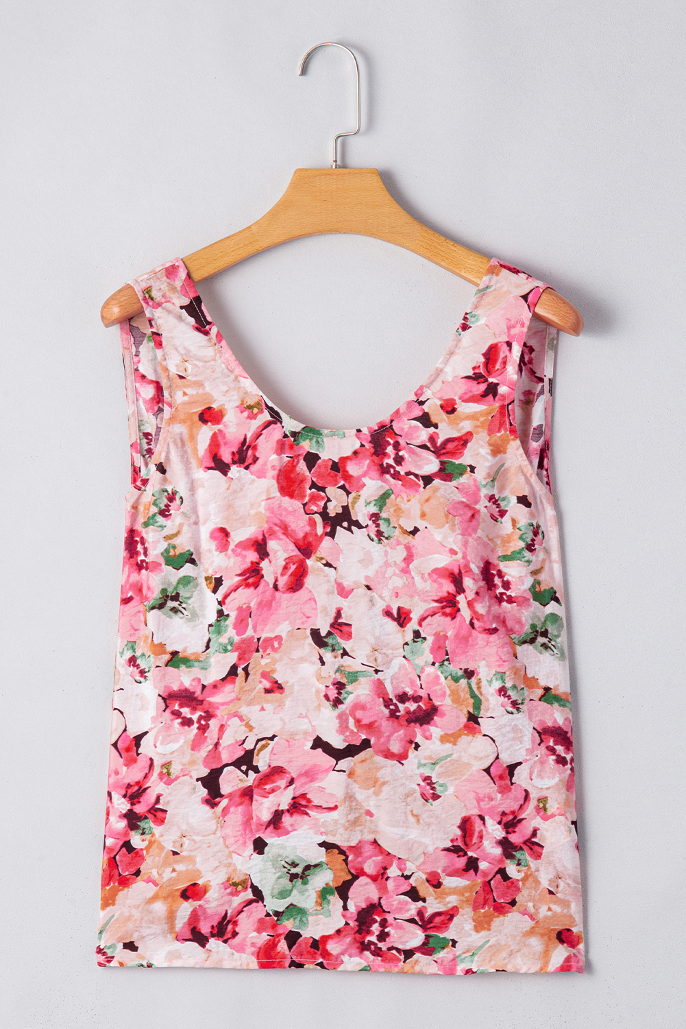 Women's Pink Floral Round Neck Twisted Cut Out Back Tank Top - Bohemian Style - Detail View 13 Women's Pink Floral Round Neck Twisted Cut Out Back Tank Top - Bohemian Style - Detail View 13