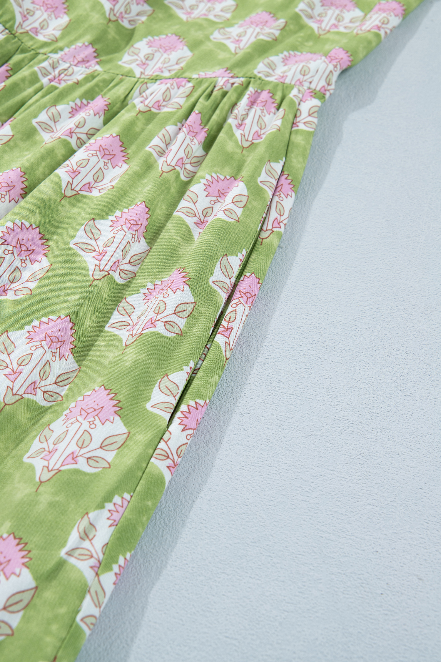 Women's Green Floral Maxi Dress – Sleeveless Patchwork A-Line Dress with Striped Knot Straps - Detail View 10 Women's Green Floral Maxi Dress – Sleeveless Patchwork A-Line Dress with Striped Knot Straps - Detail View 10