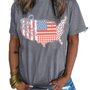 Women's Gray American Flag Bow Map Graphic Tee - Patriotic Casual T-Shirt - Main View