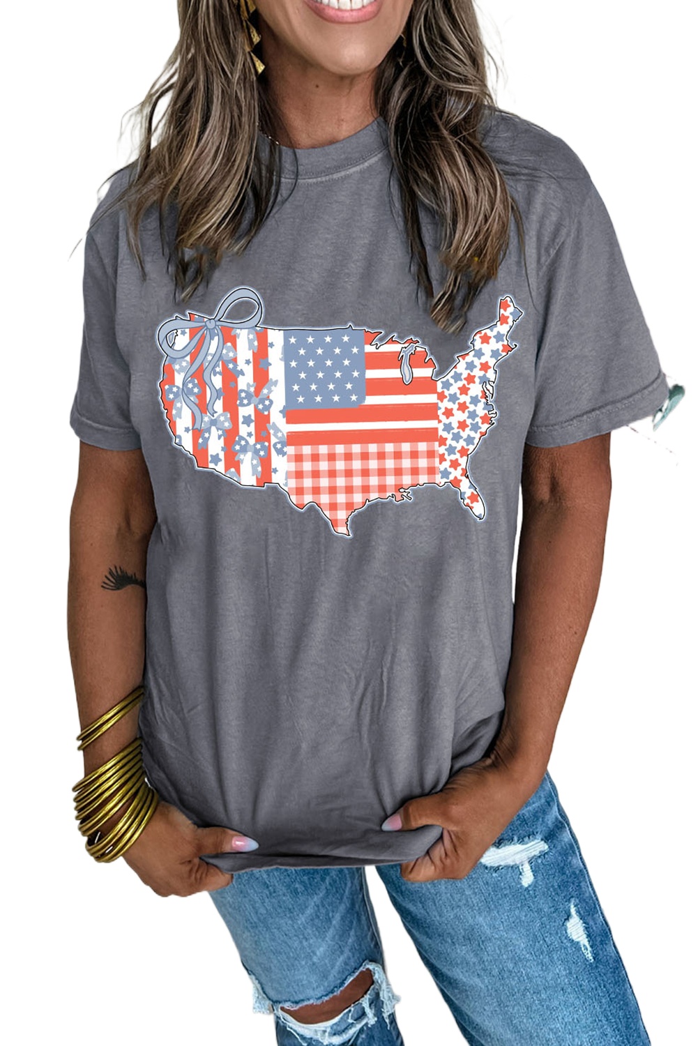 Women's Gray American Flag Bow Map Graphic Tee - Patriotic Casual T-Shirt - Main View Women's Gray American Flag Bow Map Graphic Tee - Patriotic Casual T-Shirt - Main View