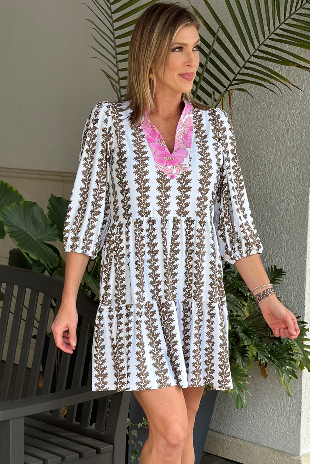 Stylish Floral Print V Neck Dress with Bracelet Sleeves - Perfect for Summer - Detail View 6 Stylish Floral Print V Neck Dress with Bracelet Sleeves - Perfect for Summer - Detail View 6