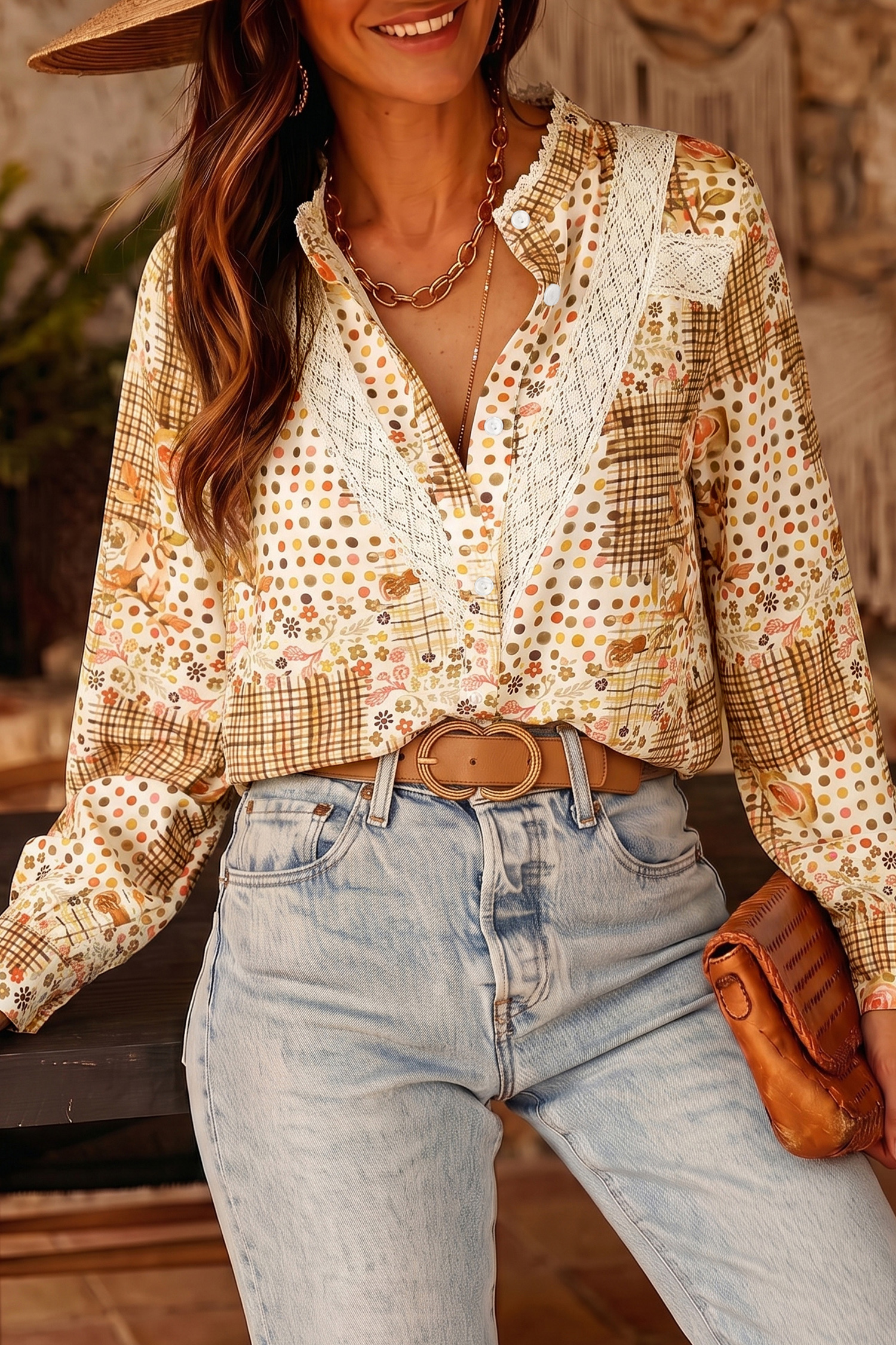 Vintage Style Floral Blouse, Casual Brown Lace Trim Shirt - Detail View 2 Vintage Style Floral Blouse, Casual Brown Lace Trim Shirt - Detail View 2