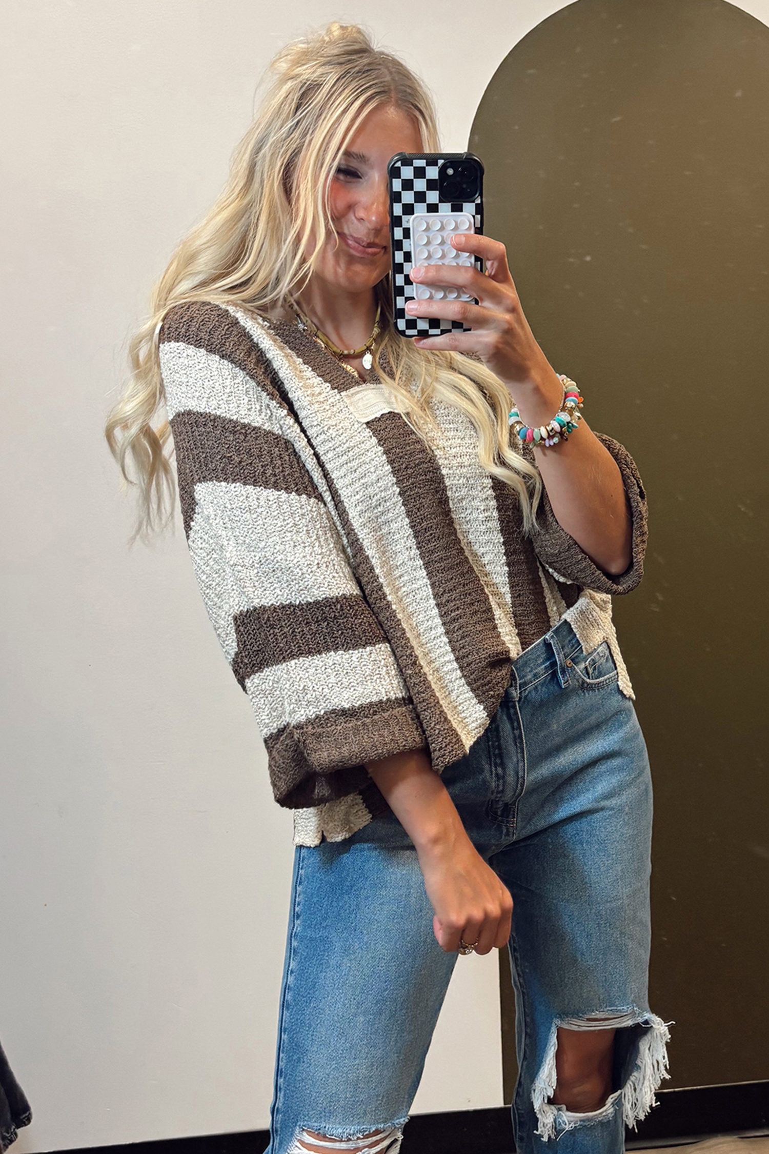 Chic Brown Stripe Colorblock V Neck Sweater – Ideal for Southern Belle Style in Winter - Detail View 6 Chic Brown Stripe Colorblock V Neck Sweater – Ideal for Southern Belle Style in Winter - Detail View 6