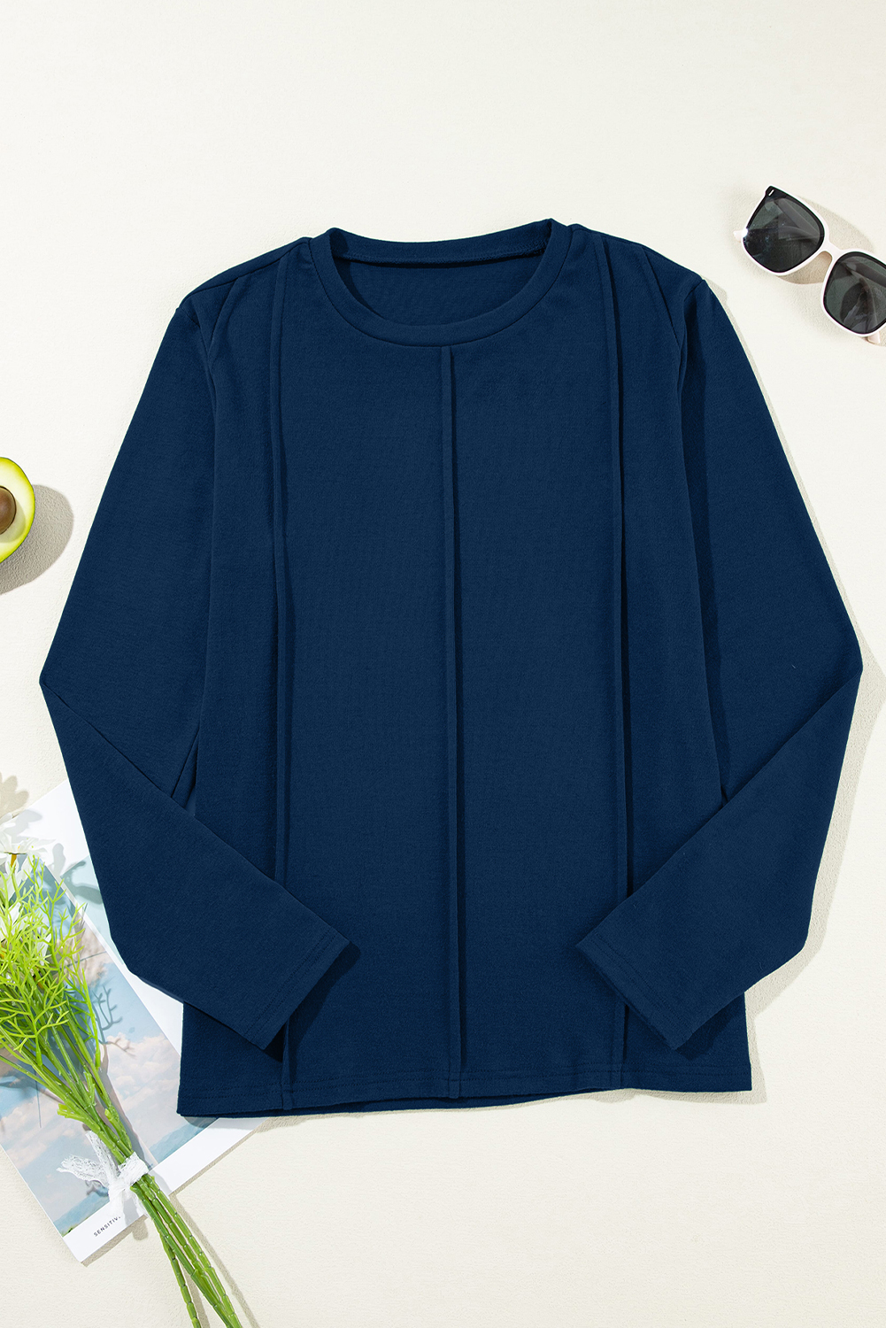 Navy Blue Crew Neck Long Sleeve, Casual Exposed Seam Shirt - Detail View 8 Navy Blue Crew Neck Long Sleeve, Casual Exposed Seam Shirt - Detail View 8