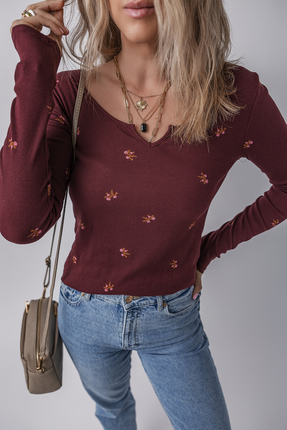 Women's Burgundy Floral Print Ribbed Long Sleeve Top with Notched Neck - Detail View 5 Women's Burgundy Floral Print Ribbed Long Sleeve Top with Notched Neck - Detail View 5