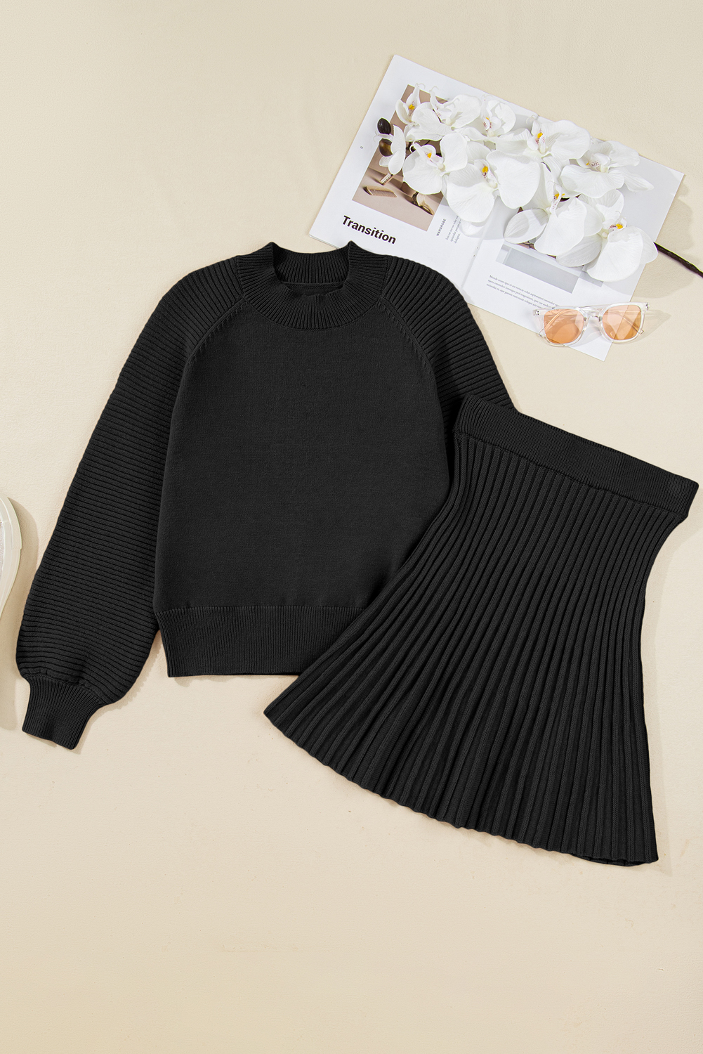 Modern Black Knitted Outfit for Women – High Neck Sweater and Pleated Mini Skirt Combo - Detail View 3 Modern Black Knitted Outfit for Women – High Neck Sweater and Pleated Mini Skirt Combo - Detail View 3