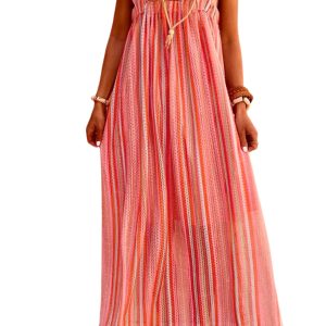 Pink Stripe Ruffled Women's Maxi Dress – Sleeveless Square Neck, Flowy A-Line Boho Vacation & Summer Wear - Main View