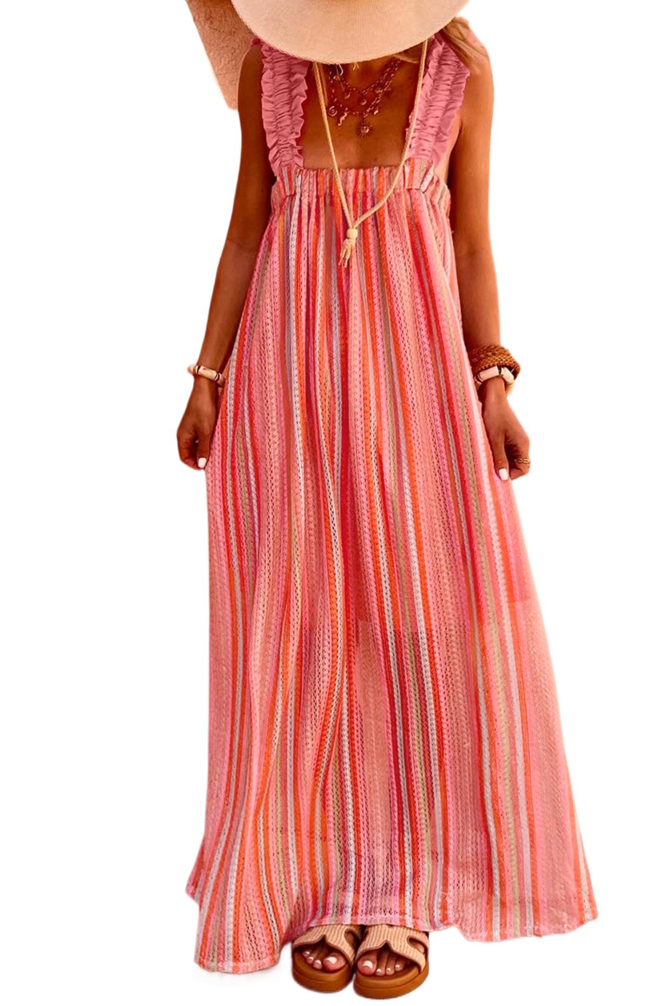 Pink Stripe Ruffled Women's Maxi Dress – Sleeveless Square Neck, Flowy A-Line Boho Vacation & Summer Wear - Main View Pink Stripe Ruffled Women's Maxi Dress – Sleeveless Square Neck, Flowy A-Line Boho Vacation & Summer Wear - Main View
