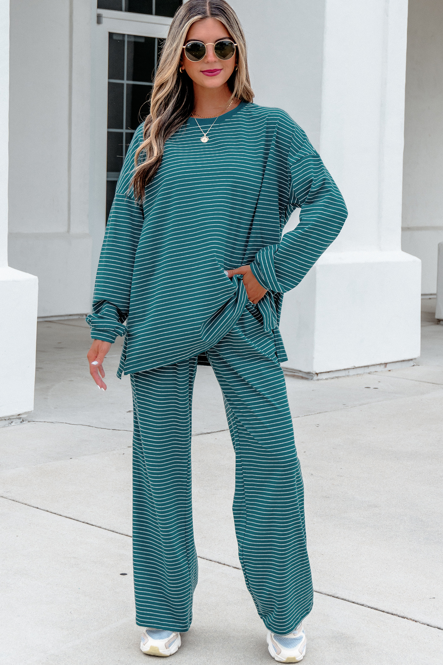 Green Striped Lounge Set, Relaxed Long Sleeve Crew Neck - Detail View 5 Green Striped Lounge Set, Relaxed Long Sleeve Crew Neck - Detail View 5