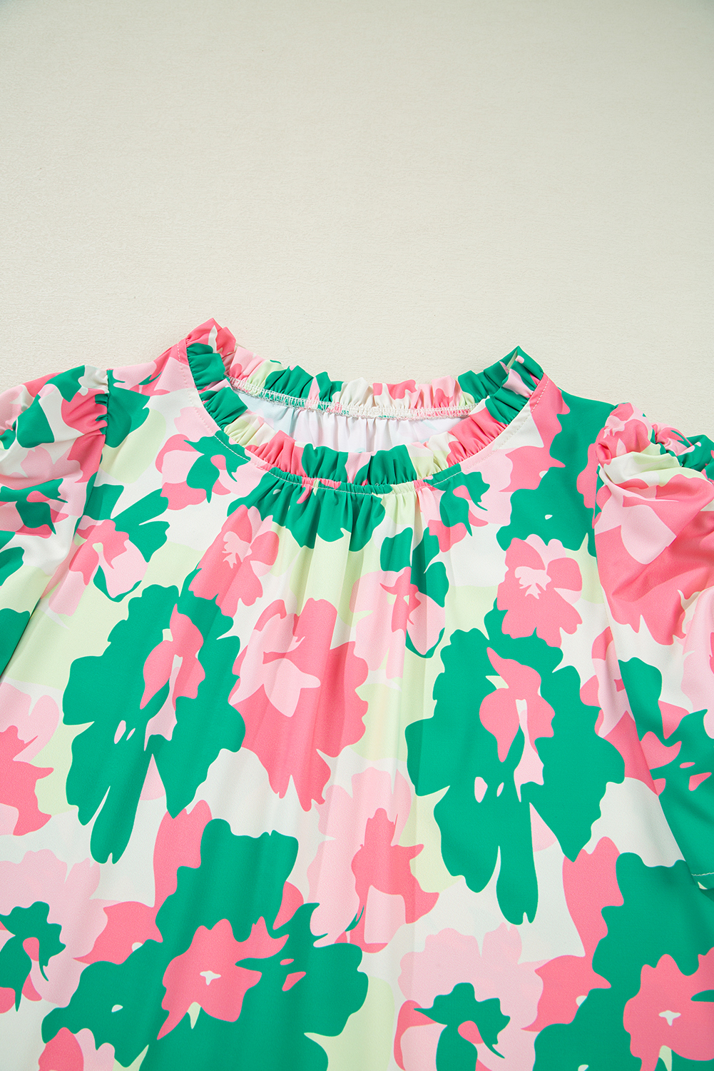 Stylish Summer Blouse with Frilled Round Neck and Ruched Sleeves - Green Abstract Pattern - Detail View 10 Stylish Summer Blouse with Frilled Round Neck and Ruched Sleeves - Green Abstract Pattern - Detail View 10