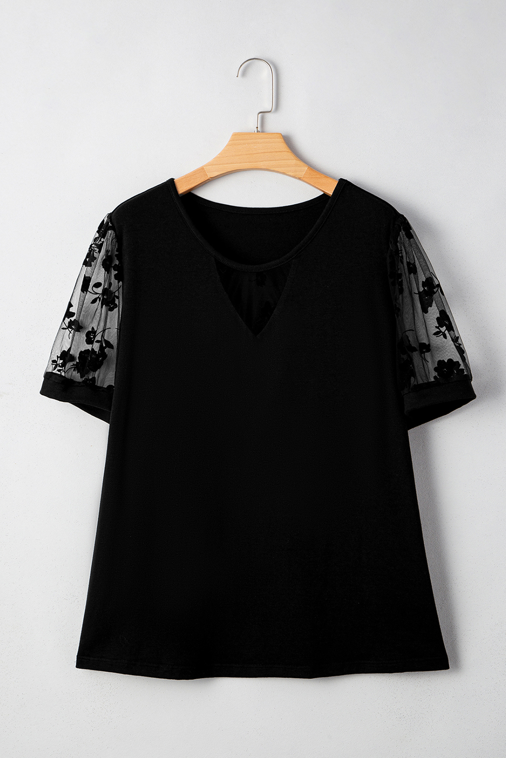 Flattering Loose Fit V Neck Plus Size Tee - Stylish Floral Patchwork Design - Detail View 3 Flattering Loose Fit V Neck Plus Size Tee - Stylish Floral Patchwork Design - Detail View 3
