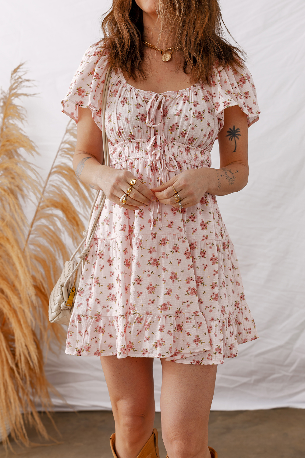 Bohemian Style Pink Front Tie Mini Dress – Ruffled Floral Design for Effortless Summer Style - Detail View 12 Bohemian Style Pink Front Tie Mini Dress – Ruffled Floral Design for Effortless Summer Style - Detail View 12