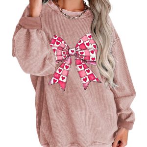 Women's Pink Valentine's Heart Checkered Bow Pattern Corded Baggy Sweatshirt - Main View