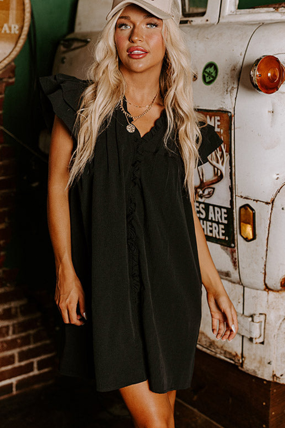 Chic Black Ruffled Shift Dress with V Neck and Pleated Accents for Casual Wear - Detail View 6 Chic Black Ruffled Shift Dress with V Neck and Pleated Accents for Casual Wear - Detail View 6