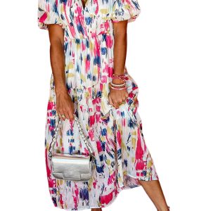 Women's Rose Abstract Print Short Puff Sleeve Tiered Maxi Dress - Main View