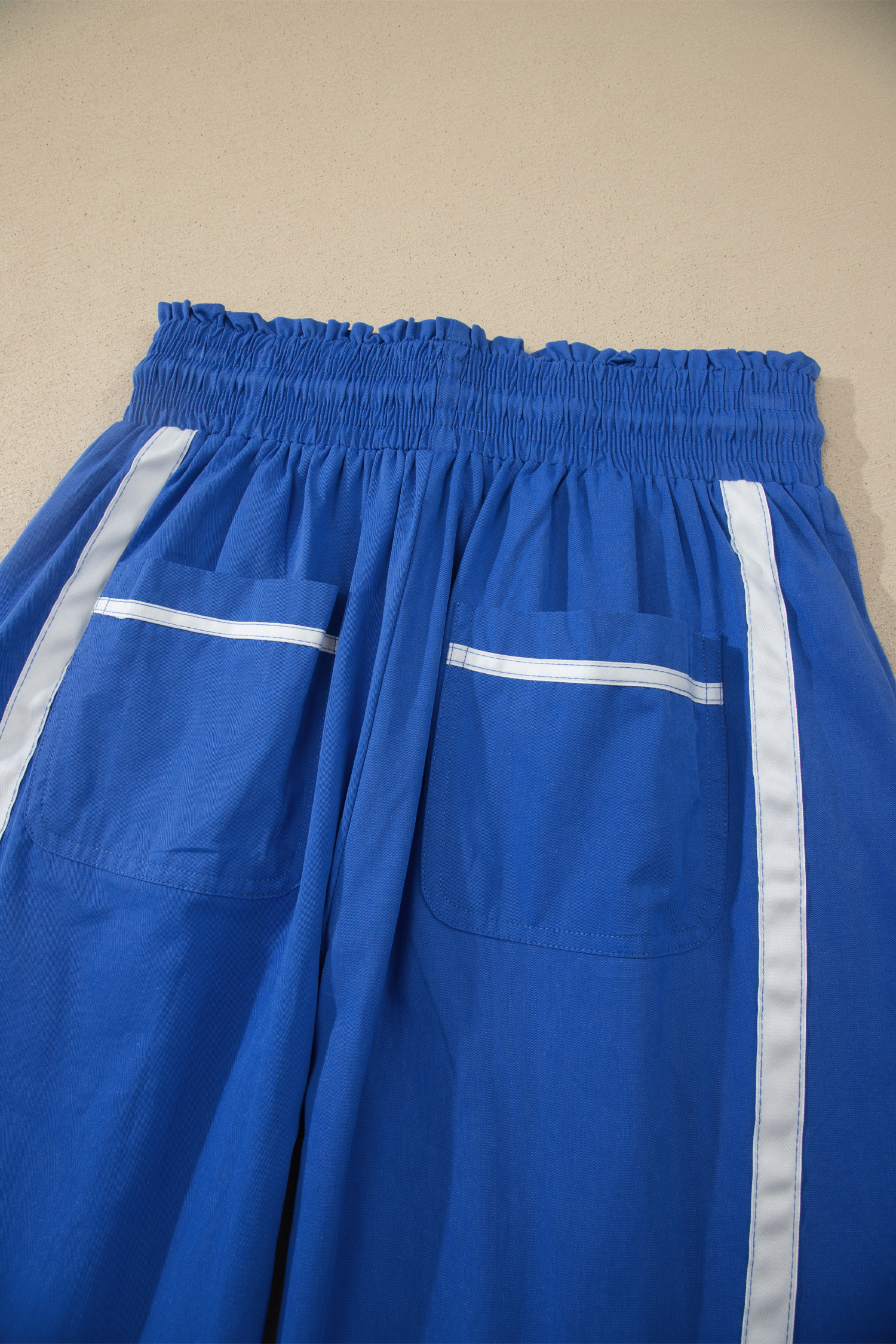 Women's High Waist Smocked Casual Pants – Dark Blue Contrast Stripe Cropped Trousers for Daily Wear - Detail View 9 Women's High Waist Smocked Casual Pants – Dark Blue Contrast Stripe Cropped Trousers for Daily Wear - Detail View 9