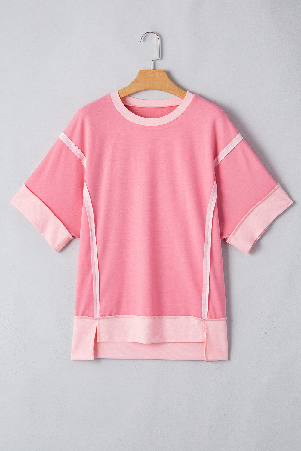 Women's Peach Blossom Half Sleeve Top with Raw Seam and High Low Side Split - Detail View 17 Women's Peach Blossom Half Sleeve Top with Raw Seam and High Low Side Split - Detail View 17
