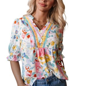 Women's Vibrant Pink Boho Flower Print Half Puff Sleeve Blouse - Main View