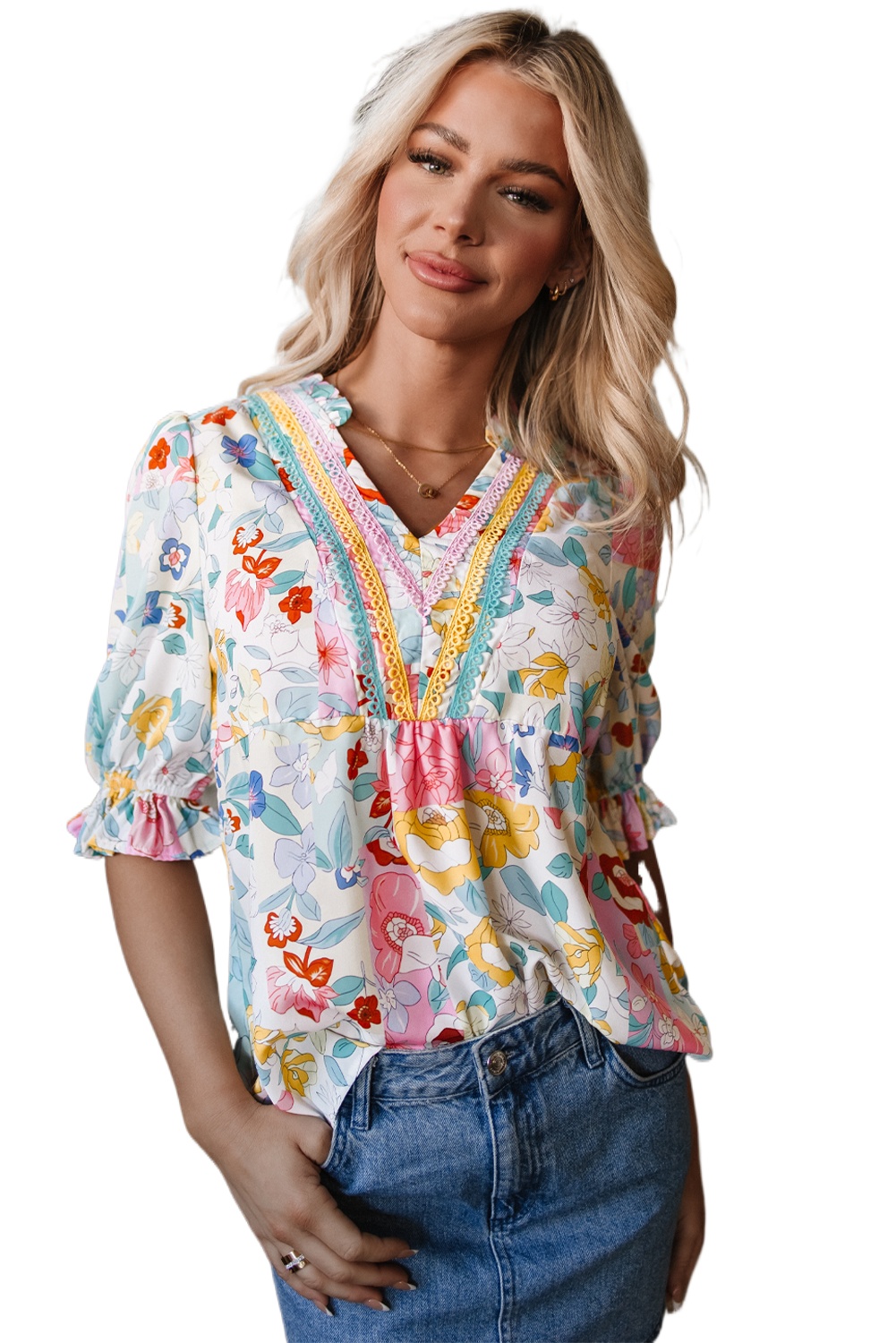Women's Vibrant Pink Boho Flower Print Half Puff Sleeve Blouse - Main View Women's Vibrant Pink Boho Flower Print Half Puff Sleeve Blouse - Main View