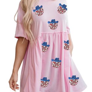 Women's Light Pink American Flag Inspired Sequin Disco Ball Patched Mini Dress - Main View